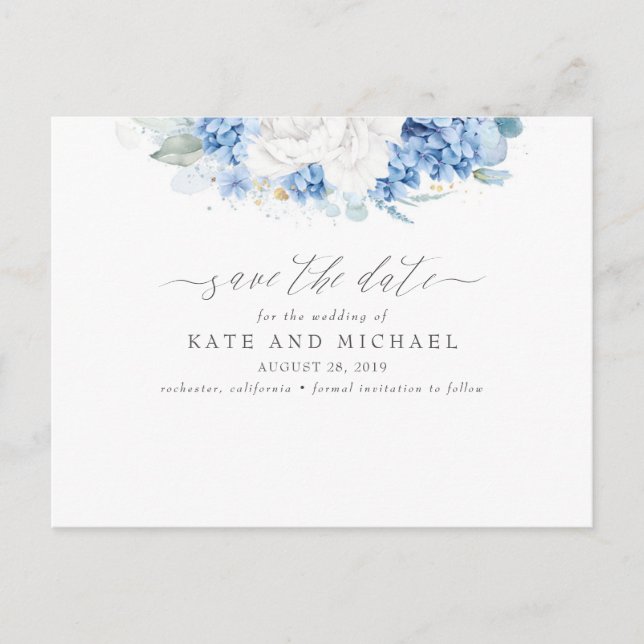 Dusty Blue and White Floral Save the Date Postcard (Front)