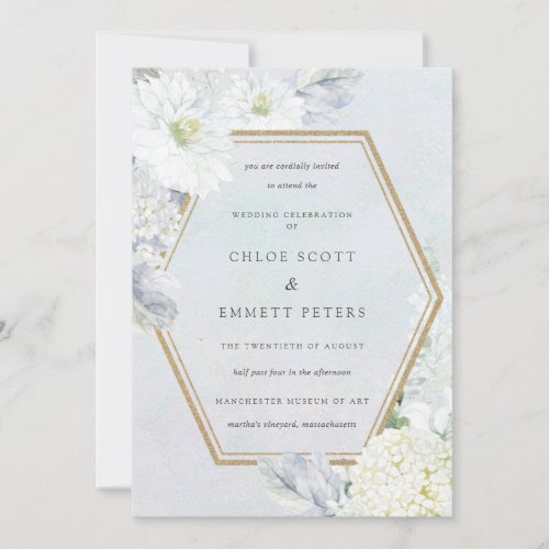 Dusty Blue and White Floral Watercolor Wedding Invitation