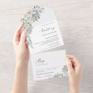 Dusty Blue and White Floral Wedding All In One Invitation