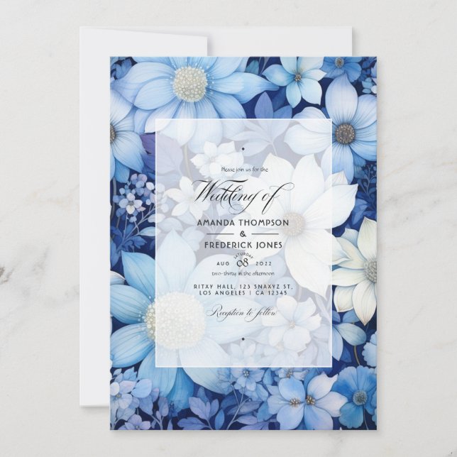 Dusty Blue and White Floral Wedding Invitation (Front)