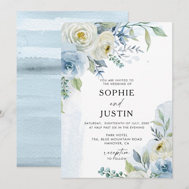 Dusty Blue and White Floral Wedding Invitation (Front/Back)