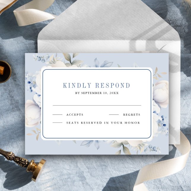 Dusty Blue and White Floral Wedding RSVP Card (Creator Uploaded)