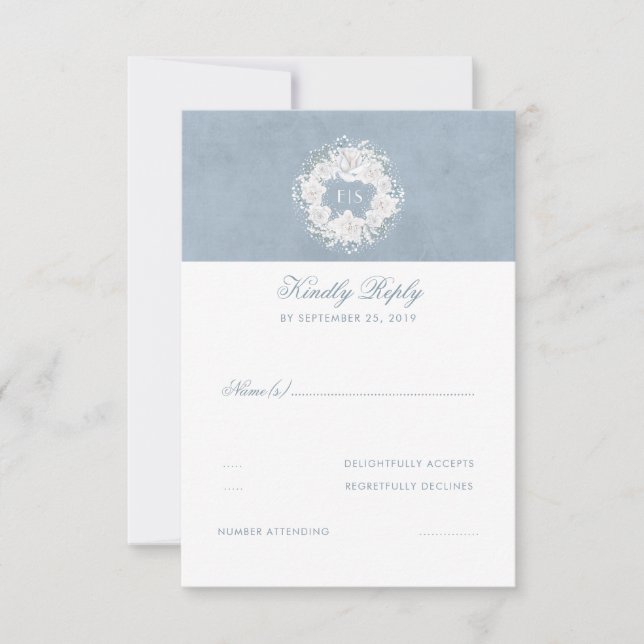 Dusty Blue and White Floral Wedding RSVP Card (Front)