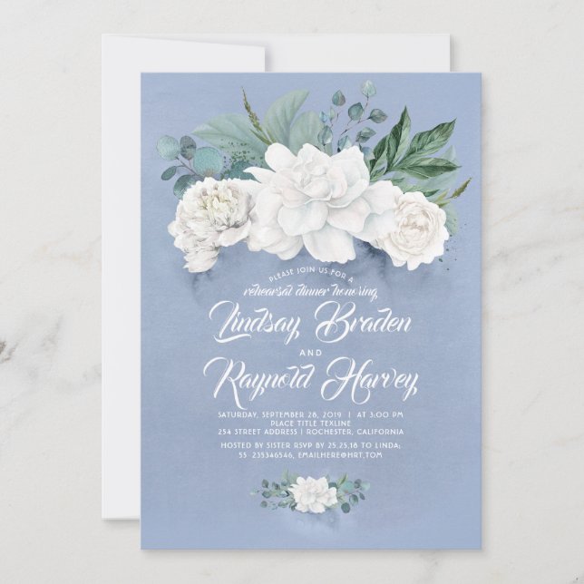 Dusty Blue and White Flowers Rehearsal Dinner Invitation (Front)