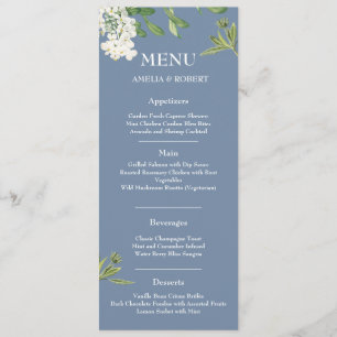 Dusty blue and white flowers Wedding Menu
