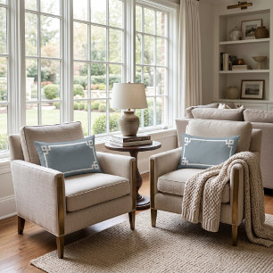 Dusty Blue and White Greek Key Border Lumbar Pillow