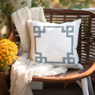 Dusty Blue and White Greek Key   Editable Colors Outdoor Pillow