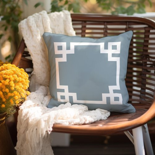 Dusty Blue and White Greek Key  Editable Colors Outdoor Pillow