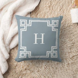Dusty Blue and White Greek Key Monogram Throw Pillow