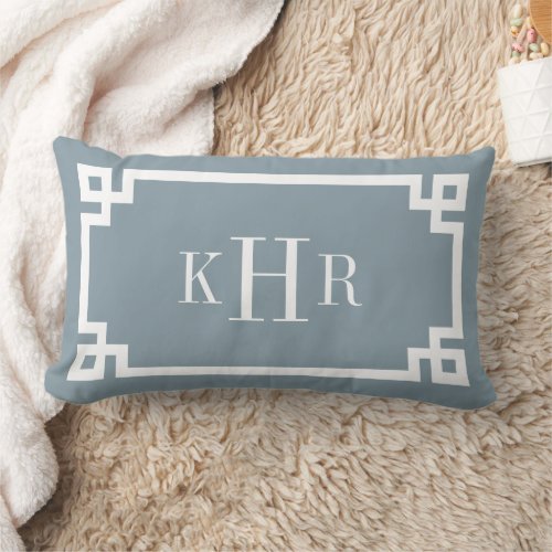 Dusty Blue and White Greek Key  Monogrammed Lumbar Pillow