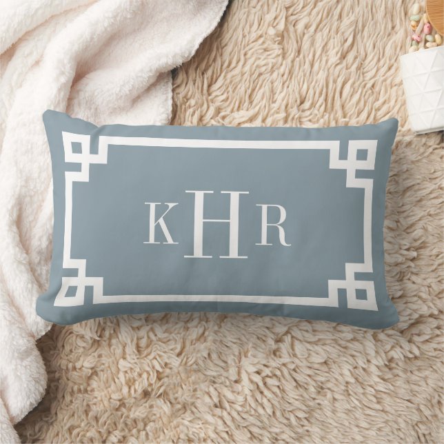 Dusty Blue and White Greek Key | Monogrammed Lumbar Pillow (Blanket)