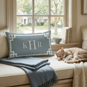 Dusty Blue and White Greek Key | Monogrammed Lumbar Pillow