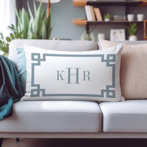 Dusty Blue and White Greek Key  Monogrammed Lumbar Pillow