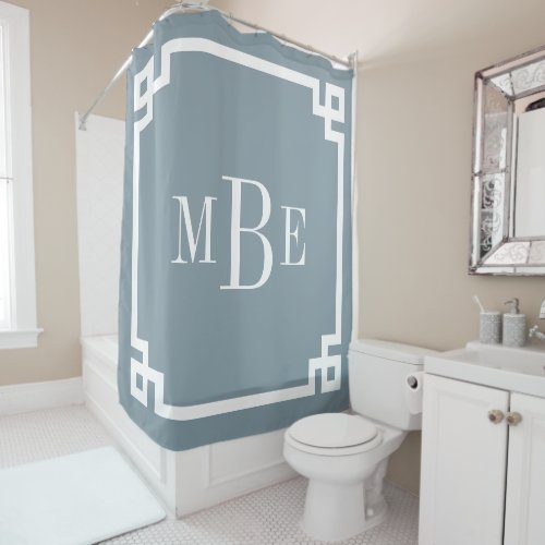 Dusty Blue and White Greek Key  Monogrammed Shower Curtain
