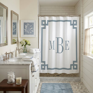 Dusty Blue and White Greek Key   Monogrammed Shower Curtain