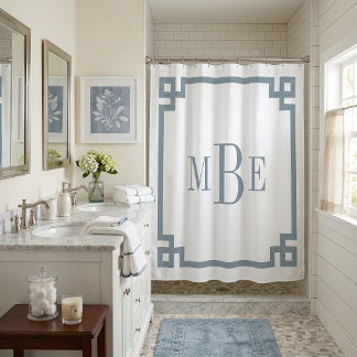 Dusty Blue and White Greek Key | Monogrammed Shower Curtain