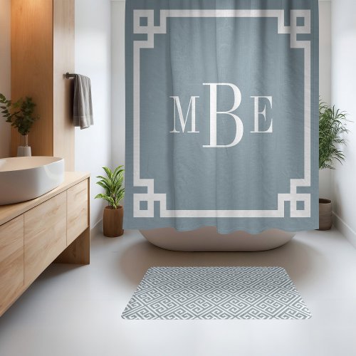 Dusty Blue and White Greek Key  Monogrammed Shower Curtain