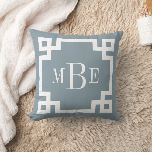 Dusty Blue and White Greek Key  Monogrammed Throw Pillow