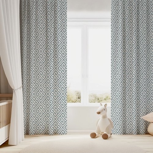 Dusty Blue and White Greek Key Pattern Blackout Curtains