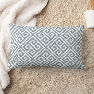 Dusty Blue and White Greek Key Pattern Lumbar Pillow