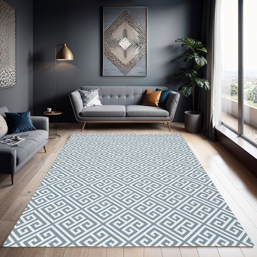 Dusty Blue and White Greek Key Pattern Rug