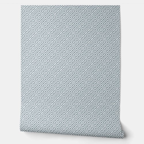Dusty Blue and White Greek Key Pattern Wallpaper