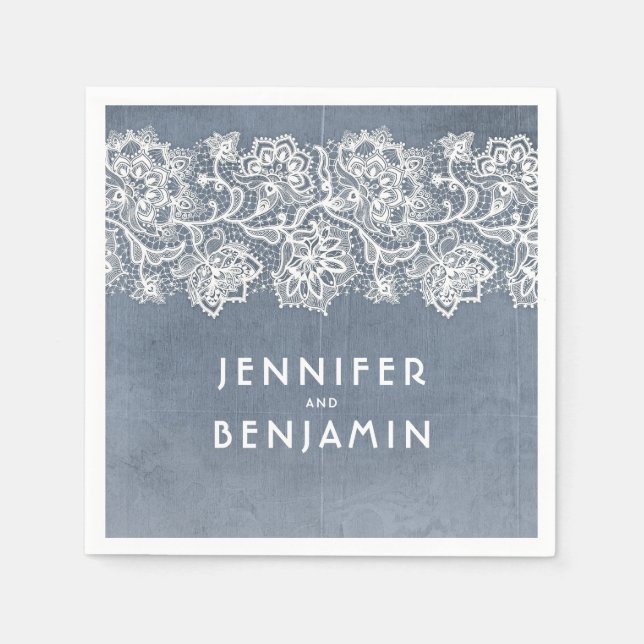 Dusty Blue and White Lace Elegant Paper Napkins (Front)