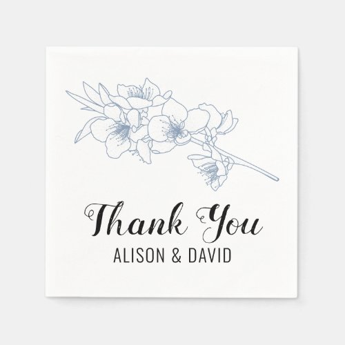 Dusty blue and white line art branch with blossoms napkins