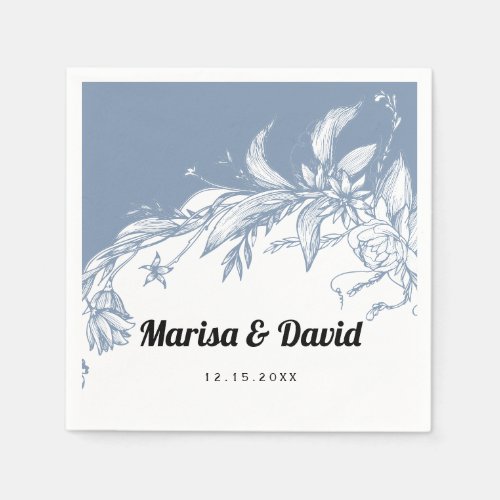 Dusty blue and white line art flowers wedding napkins