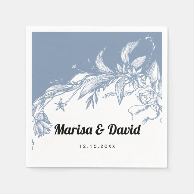 Dusty blue and white line art flowers wedding napkins (Front)