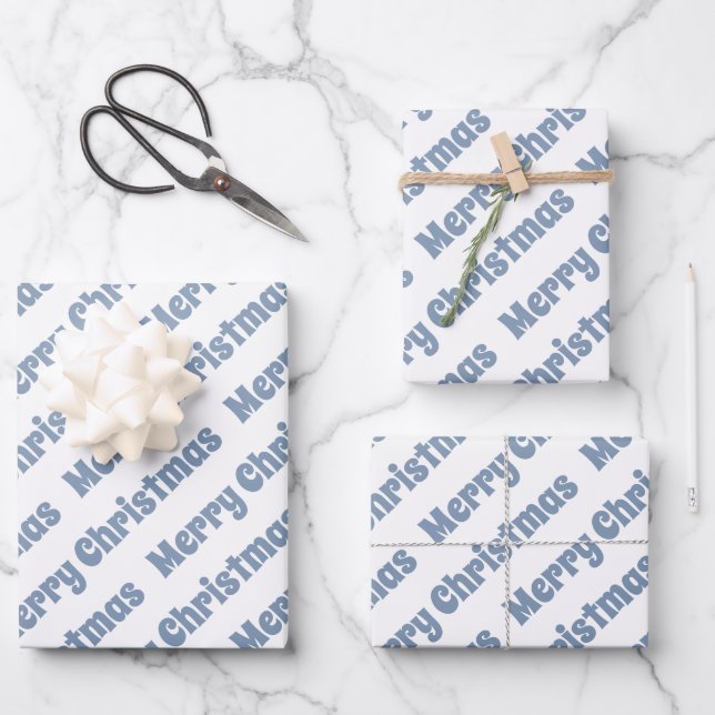Dusty blue and white Merry Christmas holiday Wrapping Paper Sheets (Front)