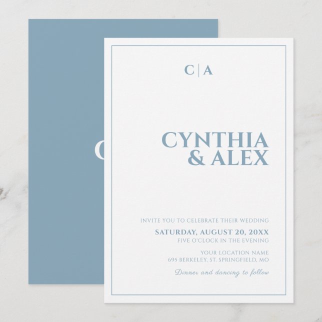Dusty Blue and White Minimalist Wedding Invitation (Front/Back)