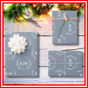 Dusty Blue and White Modern Initials Monogram Wrapping Paper Sheets