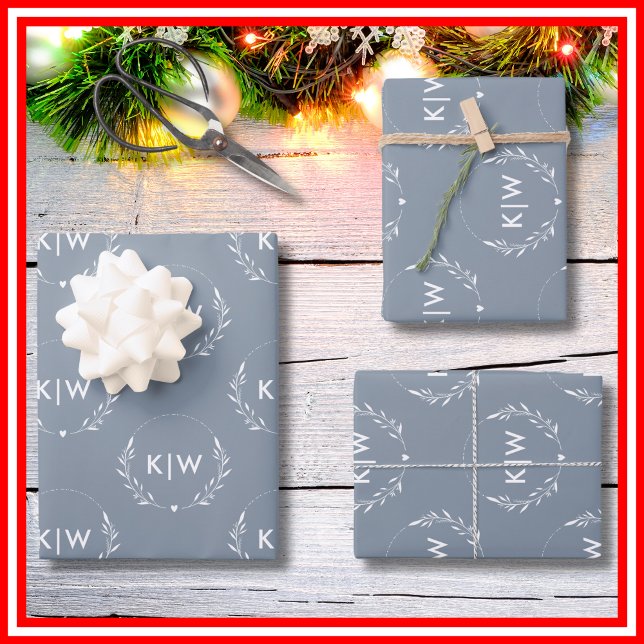Dusty Blue and White | Modern Initials Monogram  Wrapping Paper Sheets (Creator Uploaded)