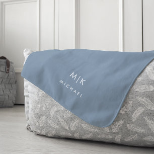 Dusty Blue and White   Modern Monogram Fleece Blanket