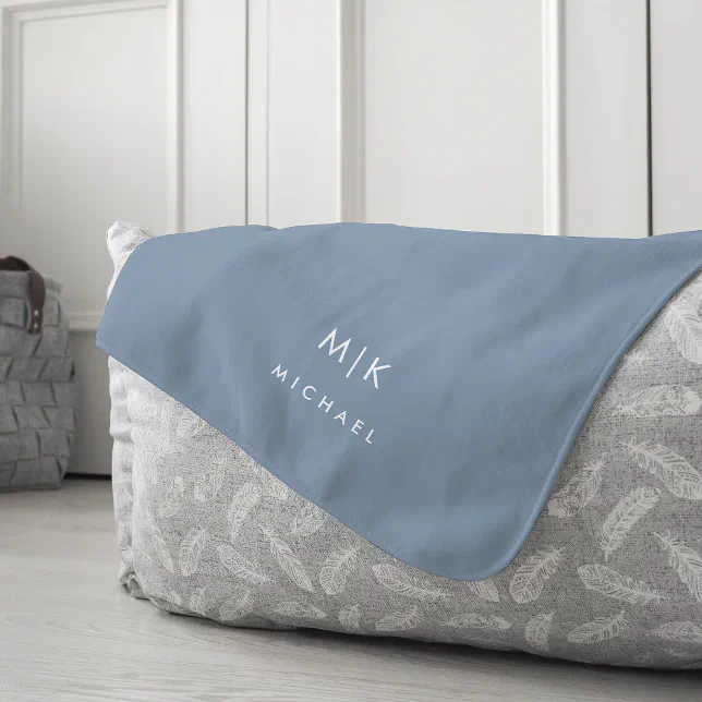 Dusty Blue and White | Modern Monogram Fleece Blanket