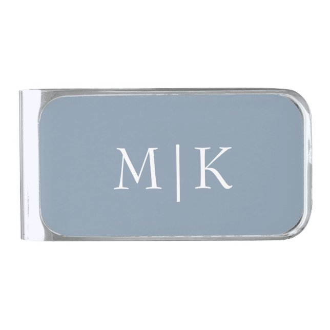Dusty Blue and White | Modern Monogram Silver Finish Money Clip (Front)
