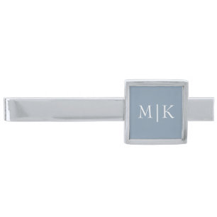 Dusty Blue and White   Modern Monogram Silver Finish Tie Bar