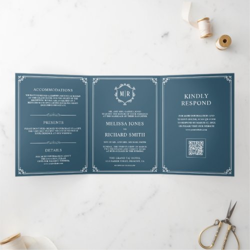 Dusty Blue and White Monogram QR Code Wedding Tri-Fold Invitation