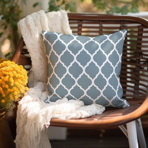 Dusty Blue and White Moroccan Pattern Outdoor Pillow