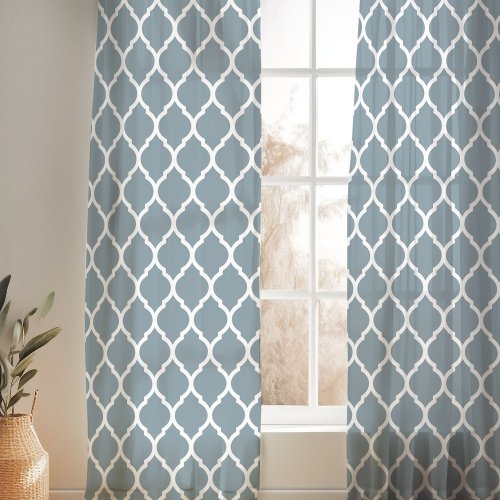 Dusty Blue and White Moroccan Pattern Sheer Curtains