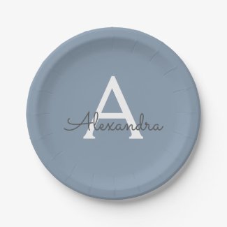 Dusty Blue and White Name and Initial Monogram Paper Plate