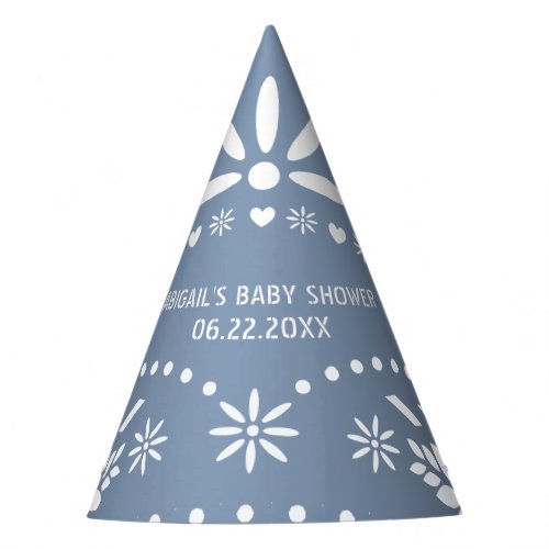 Dusty blue and white papel picado baby boy shower party hat