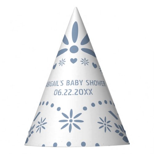 Dusty blue and white papel picado baby boy shower party hat