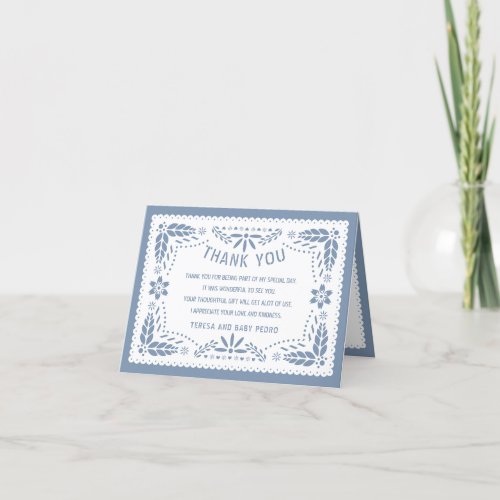 Dusty blue and white papel picado Baby boy Shower Thank You Card