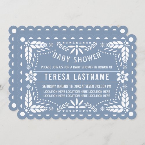 Dusty blue and white papel picado baby shower invitation