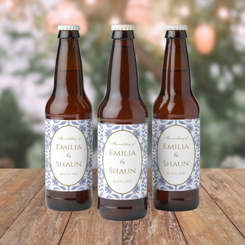 Dusty Blue and White Pattern with Gold Font Beer Bottle Label