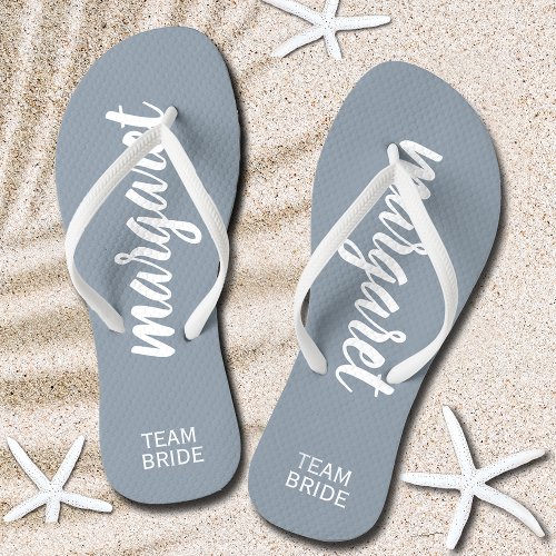 Dusty Blue and White Personalized Team Bride Flip Flops