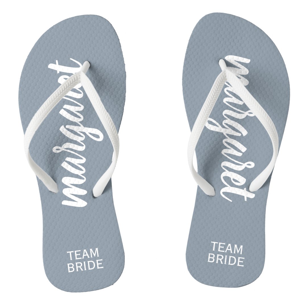 Dusty Blue and White Personalized Team Bride Flip Flops | Zazzle