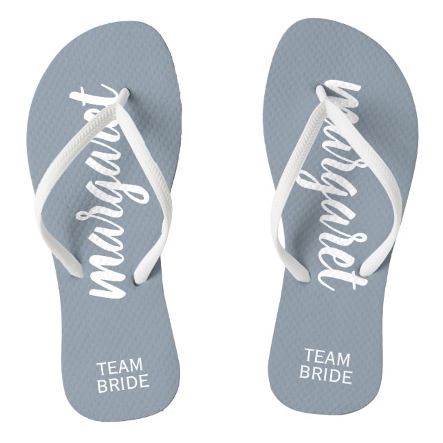 Dusty Blue and White Personalized Team Bride Flip Flops (Footbed)